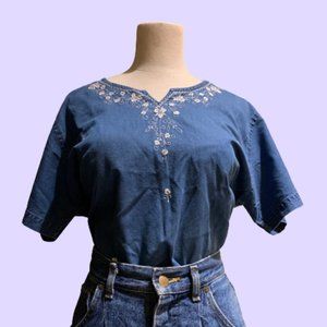 Vintage Delicate White Embroidery Denim Shirt💕